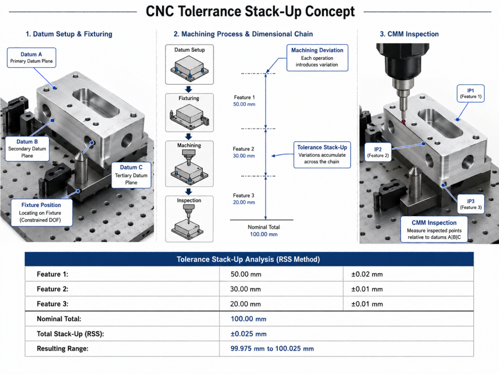 CNC tolerance stack-up diagram showing datum control, fixture position, 加工偏差, and CMM inspection points.