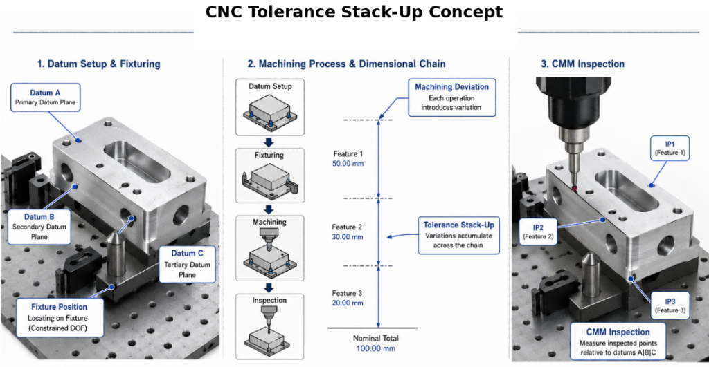 CNC tolerance stack-up diagram showing datum control, fixture position, machining deviation, and CMM inspection points.