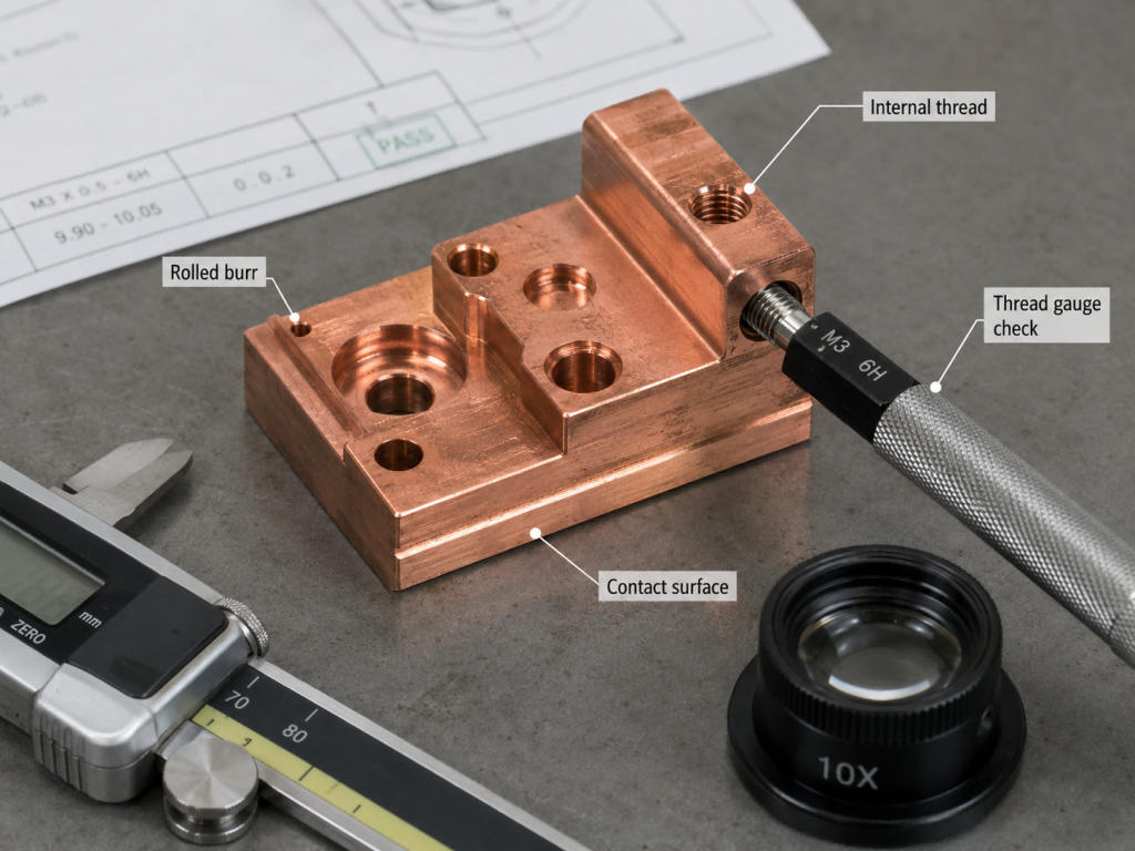 Copper CNC machined part inspection showing burrs, internal threads, thread gauge verification, and edge quality control.