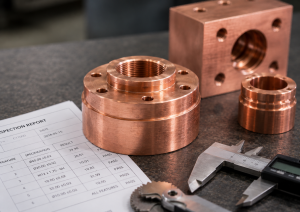 Precision copper CNC machined parts with clean surfaces, 螺纹孔, and inspection tools on a machining workbench.