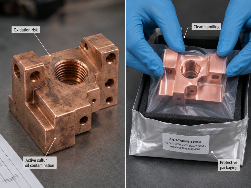 Copper CNC machined parts showing oxidation risk, clean handling with gloves, and protective packaging for surface protection after machining.