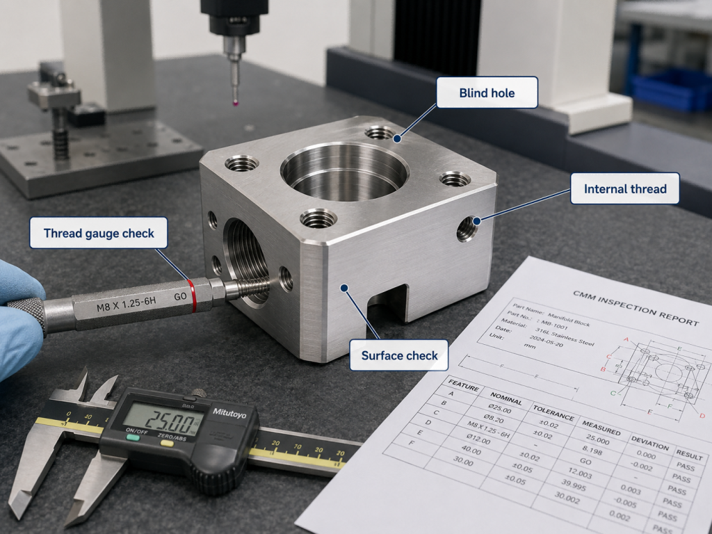 Inspection checklist for passivated stainless steel CNC parts including blind holes, internal threads, surface stains, and thread gauge verification.