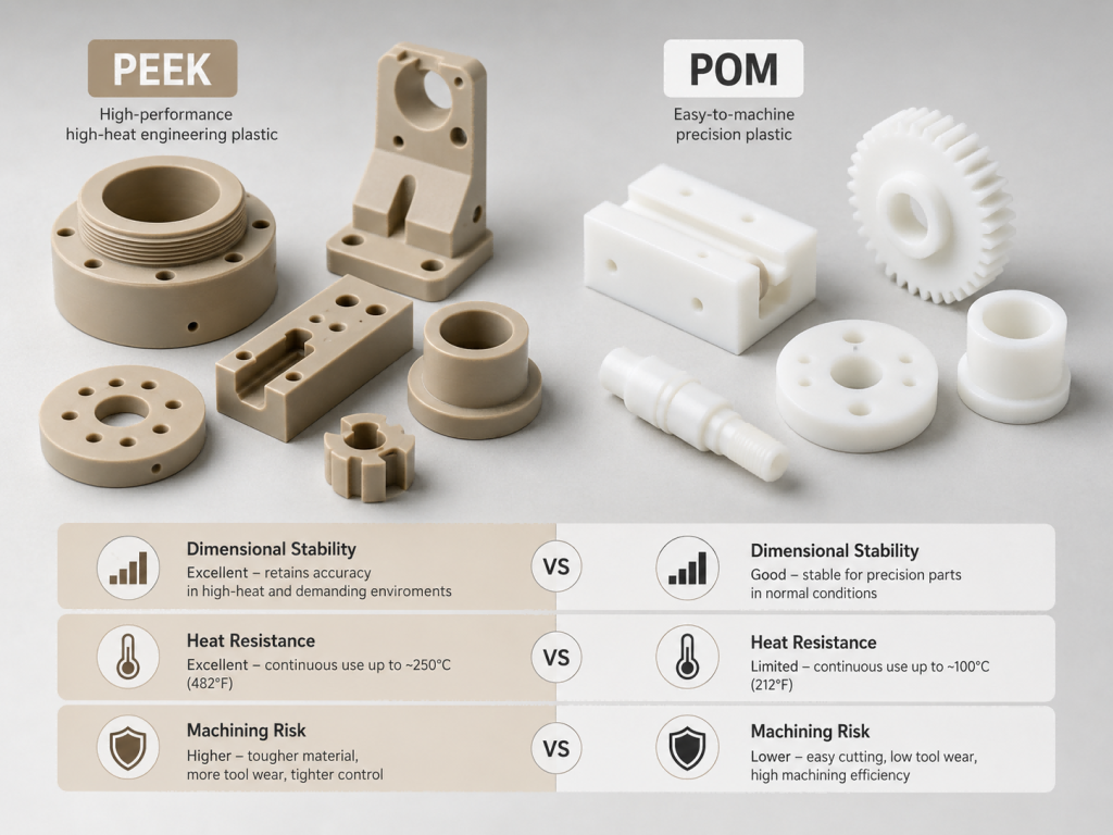 Engineering comparison of PEEK and POM CNC machined parts showing dimensional stability, heat resistance, and machining risk.