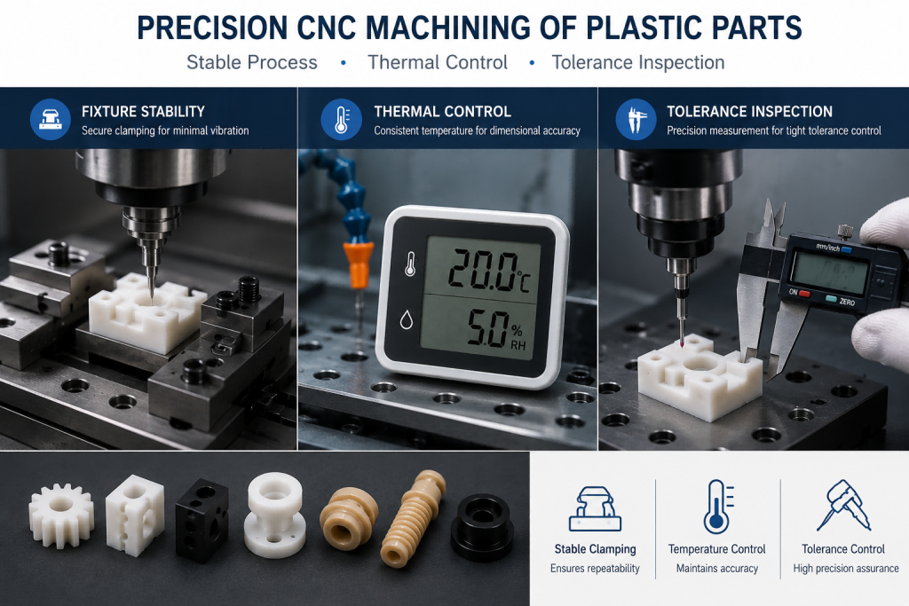 Precision CNC machining setup for plastic parts showing fixture stability, thermal control, and tolerance inspection.