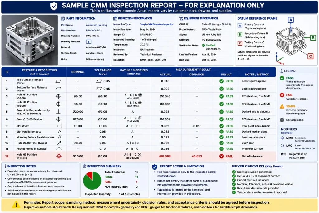 Illustrative sample CMM inspection report showing drawing revision, datum A B C alignment, nominal and measured values, uncertainty, decision rules, inspection scope, and pass or fail results.
