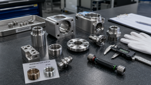 Stainless steel CNC machined parts after passivation with clean corrosion-resistant surfaces and inspection tools.