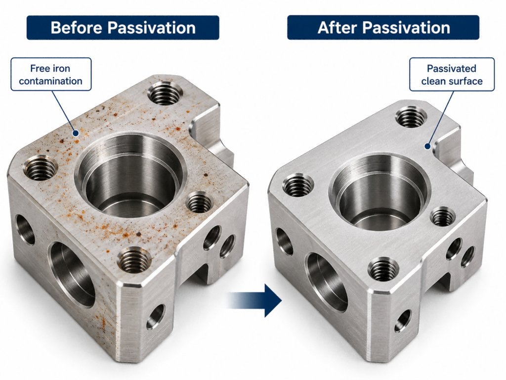 Comparison of machined stainless steel surface before and after passivation showing reduced free iron contamination and cleaner surface condition.