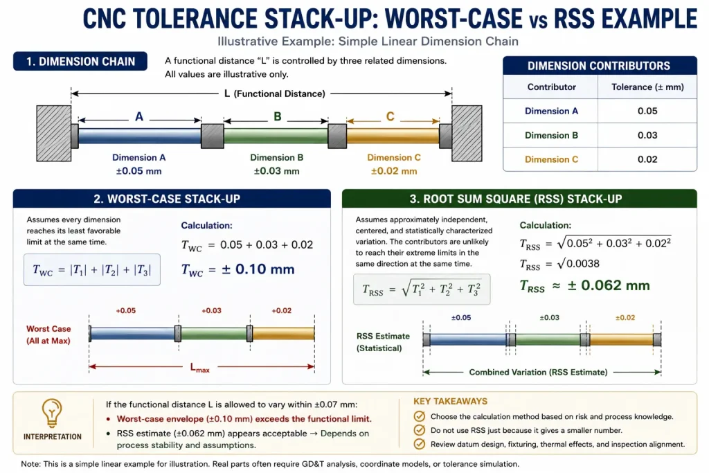 Illustrative CNC tolerance stack-up example comparing a worst-case result of ±0.10 mm with an RSS estimate of approximately ±0.062 mm for three linear dimensional contributors.