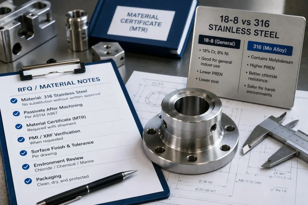 18-8 and 316 stainless steel RFQ material review for CNC machined parts with drawing notes, passivation, and certificate requirements.