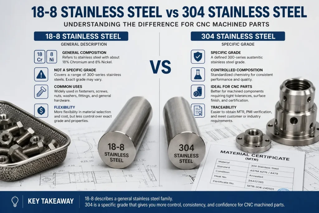 18-8 vs 304 stainless steel comparison showing general stainless description, defined material grade, CNC parts, and RFQ review.