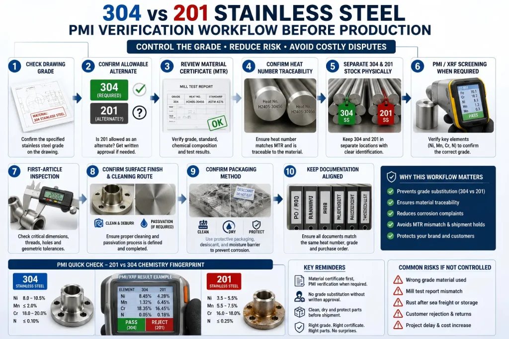 PMI verification workflow for checking 304 and 201 stainless steel CNC machined parts, material certificates, heat numbers, surface finish, and packaging before shipment.