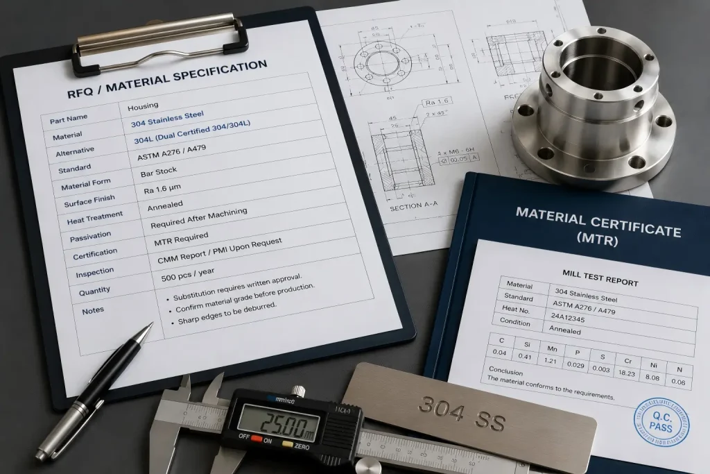 304 stainless steel RFQ and material specification review for CNC machined parts with engineering drawings and inspection notes.