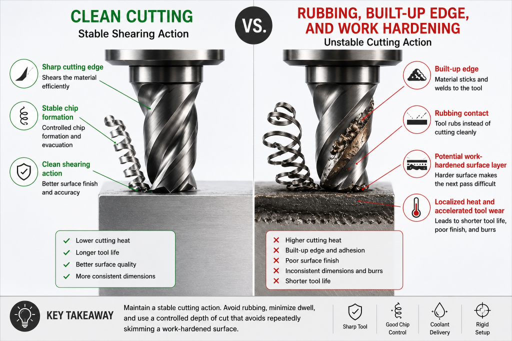 Illustration comparing clean cutting with rubbing, built-up edge, localized heat, and potential surface work-hardening during 304 stainless-steel machining.