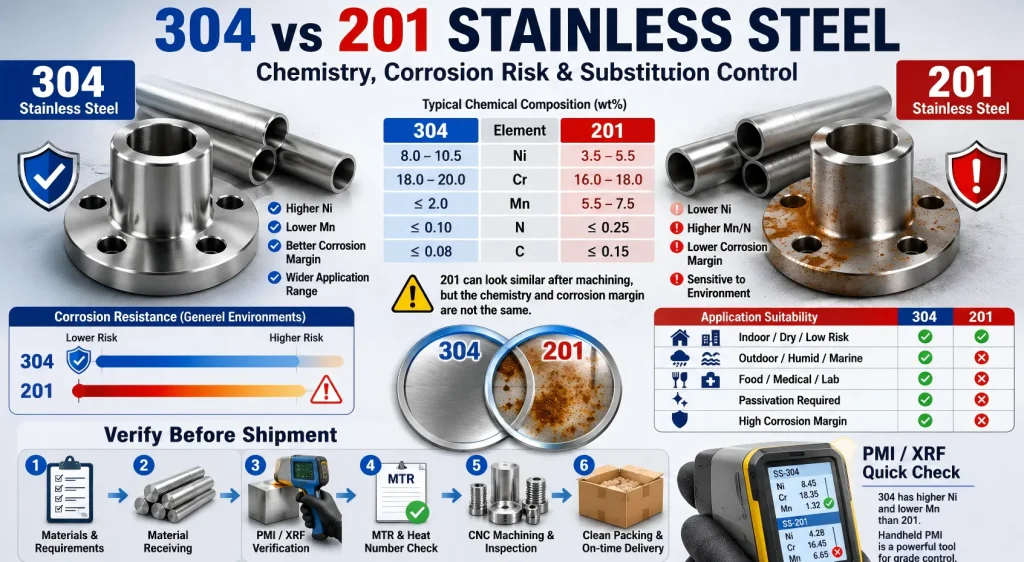 Infographic comparing 304 and 201 stainless steel nickel, manganese, nitrogen, corrosion margin, cost, and material verification risks.
