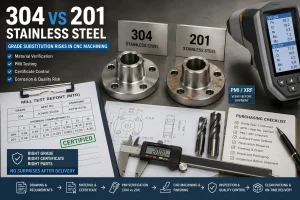 304 and 201 stainless steel CNC machined components with PMI verification, material certificate review, calipers, cutting tools, and engineering drawings for grade-substitution risk control.