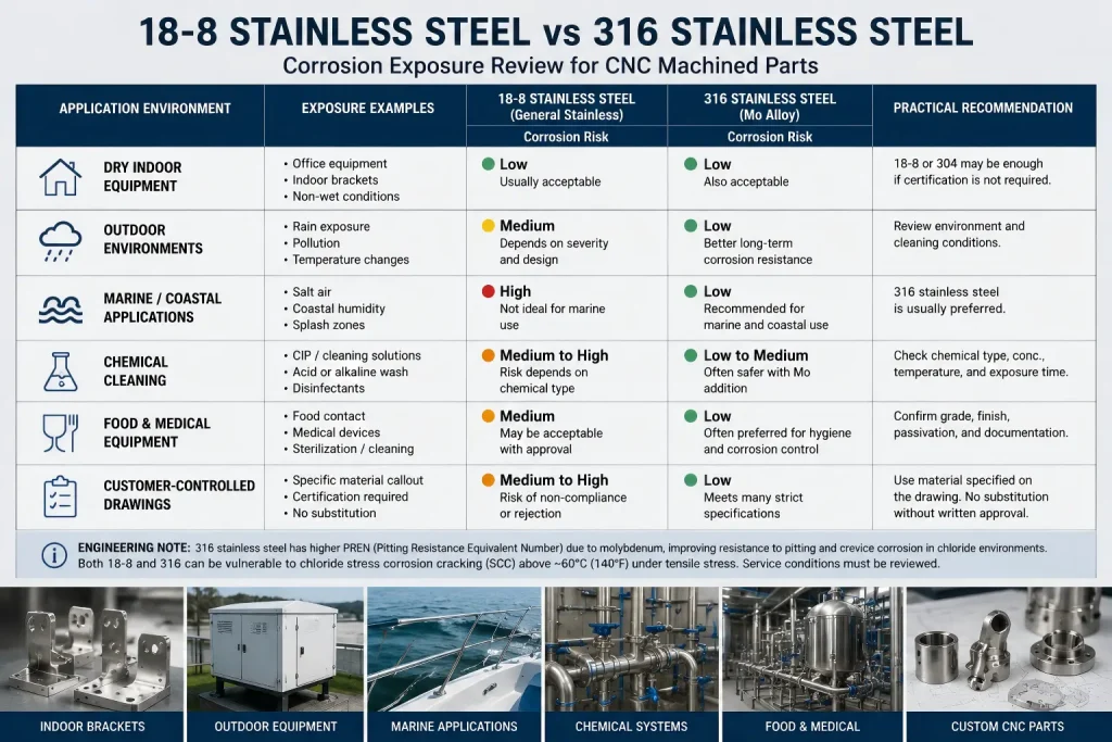 18-8 vs 316 stainless steel corrosion exposure comparison for CNC machined parts in marine, chemical, outdoor, and controlled applications.