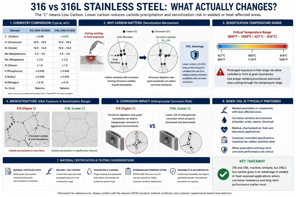 Diagram comparing 316 and 316L stainless steel carbon content, sensitization temperature range, welding risk, passivation, corrosion review, and material certificate requirements.
