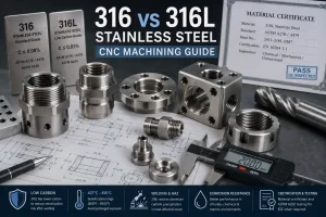 316 and 316L stainless steel CNC machined components with cutting tools, calipers, engineering drawings, and material-selection review details.