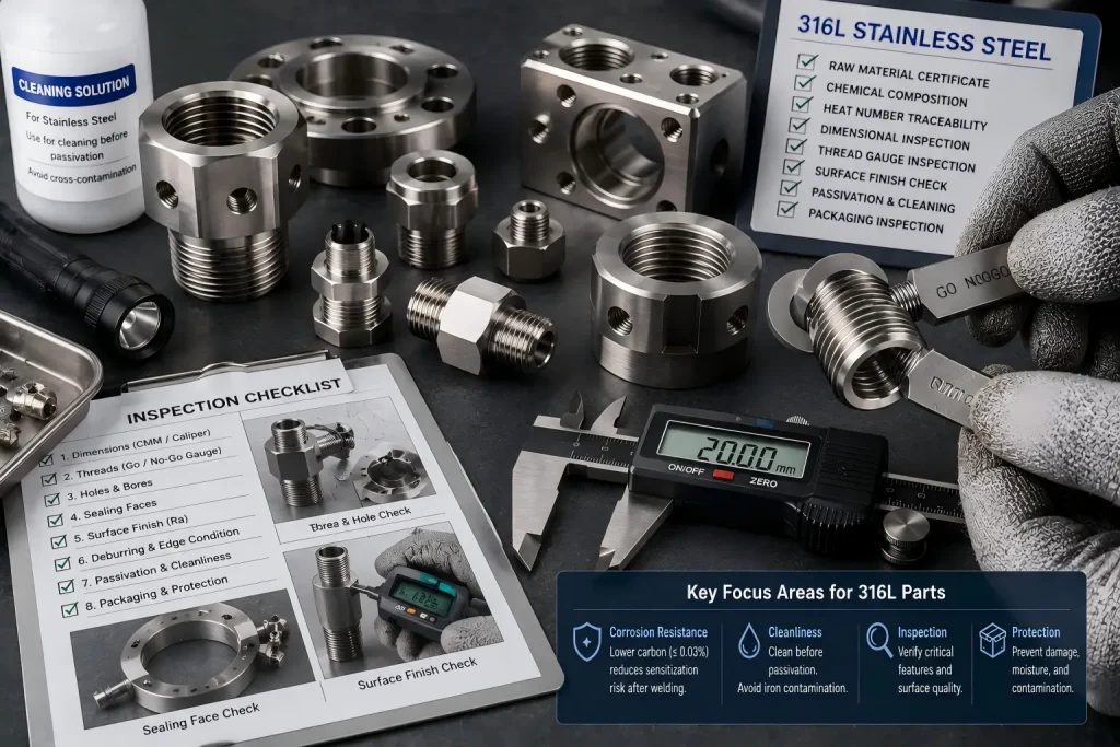 Inspection of stainless steel machined threads, holes, sealing faces, and burr-sensitive features before delivery.
