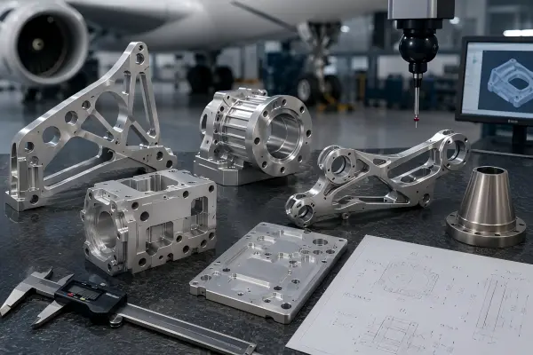 CNC machined aerospace structural parts including lightweight aluminum brackets, precision housings, mounting plates, flanges, and inspection-ready components.