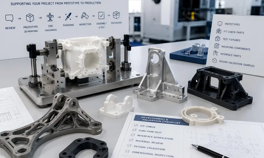 Aerospace-related prototype and test components including fit-check parts, test fixtures, mounting components, interface parts, design-validation samples, and manufacturing route review.