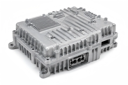 Aluminum die cast communication equipment housing with cooling ribs, mounting bosses, interface openings, sealing surfaces, and secondary machined features.