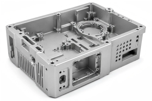 Aluminum die cast medical-device equipment housing with mounting bosses, protective walls, ventilation holes, machined surfaces, and non-implant structural features.