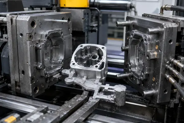 Aluminum die casting process showing a cast aluminum part being ejected from an open steel die mold with runner and overflow features.