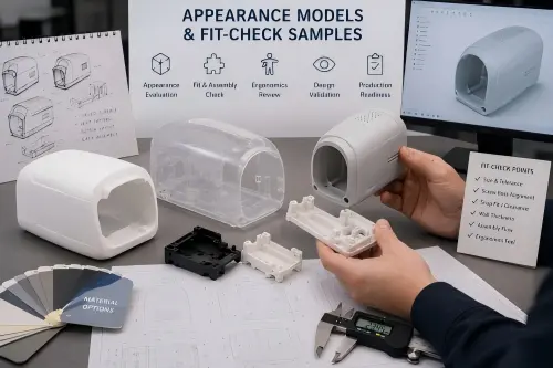 Appearance models and fit-check prototype samples including SLA housings, product mockups, assembly validation parts, CAD review, drawings, and inspection tools.
