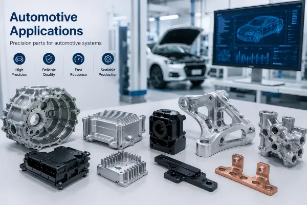 CNC machined automotive prototype parts including aluminum housings, brackets, sensor components, heat-dissipation parts, copper connectors, and low-volume validation samples.