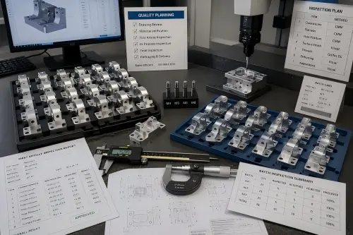 Batch consistency and quality planning for low-volume CNC machining with repeated parts, CMM inspection, drawings, inspection reports, and dimensional review.
