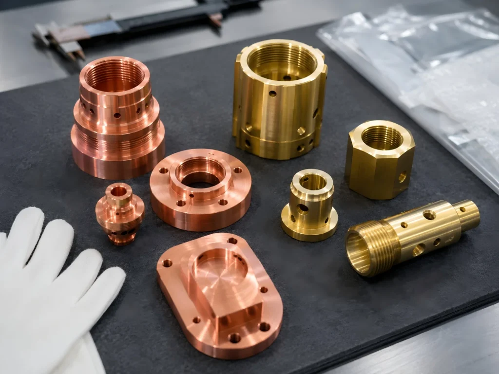 Brass and copper machined parts showing surface finish, color difference, and oxidation-sensitive handling considerations.