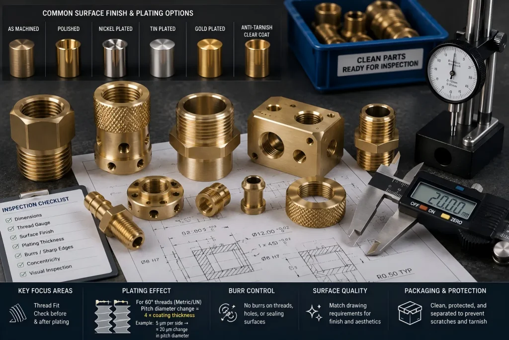 Brass machined parts showing surface finish, plating-sensitive features, threads, inspection tools, and packaging considerations before delivery.