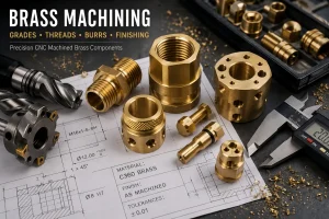 Brass CNC machined components with threads, fittings, cutting tools, calipers, and engineering drawings for machining review.