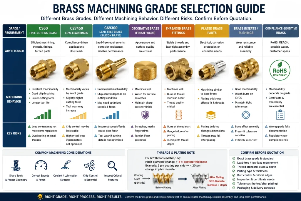 Infographic comparing brass machining grade considerations including C360, low-lead brass, lead-free brass, threaded fittings, plating, burr control, and inspection requirements.