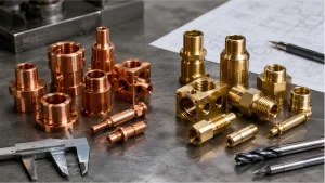 Brass and copper CNC machined components with cutting tools, calipers, and engineering drawings for material-selection review.
