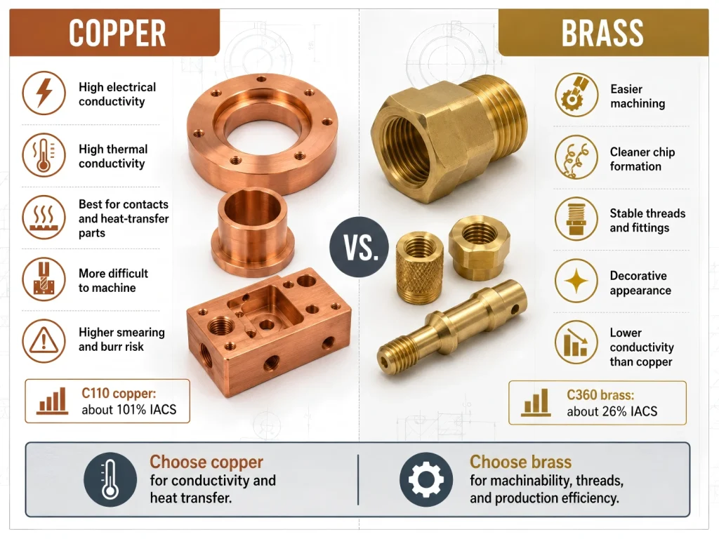 Comparison of brass and copper CNC machined parts for conductivity, machinability, threads, surface finish, and inspection review.