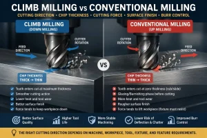 CNC milling cutter paths showing climb milling and conventional milling directions on a machined metal part for process-selection review.