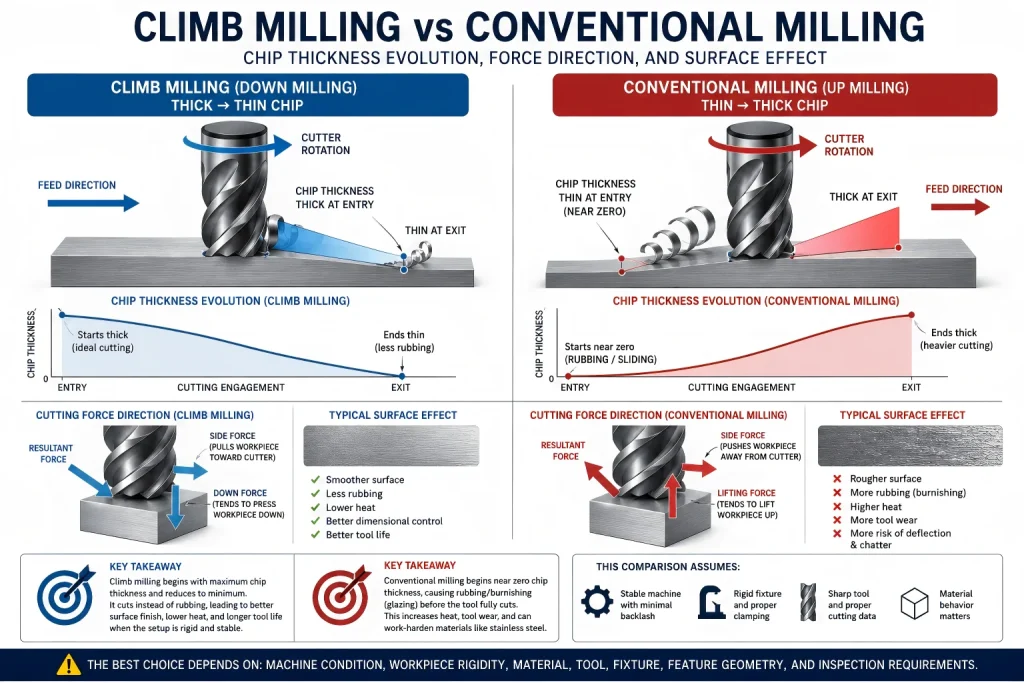 Diagram comparing climb milling and conventional milling chip thickness, cutter rotation, and feed direction.