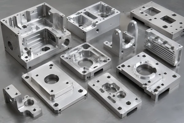CNC aluminum milled housing and bracket parts with pockets, holes, slots, heat sink fins, and machined mounting features.