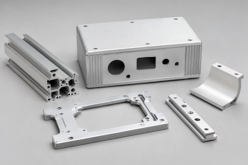 CNC machined aluminum 6063 extruded profile housing with frame parts, mounting holes, clean surfaces, and enclosure features.