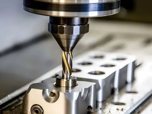 CNC machining of a custom metal component with precision holes and machined surfaces.