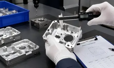 CNC milled aluminum part with finished surfaces being inspected for appearance and quality control.