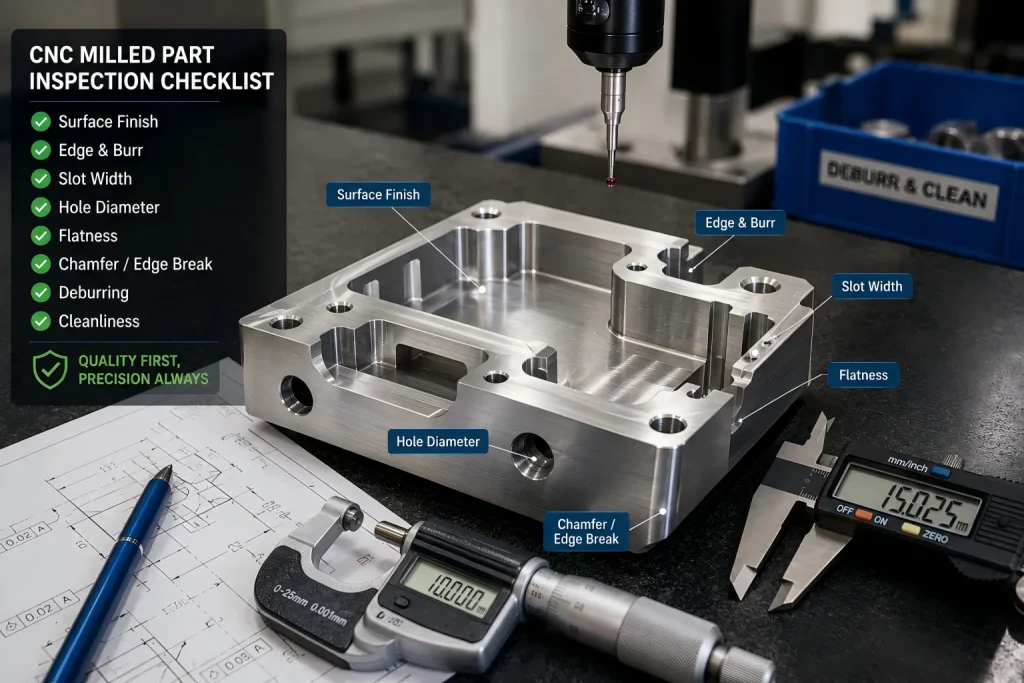Inspection of CNC milled metal part surfaces, edges, slots, and burr-sensitive features before delivery.