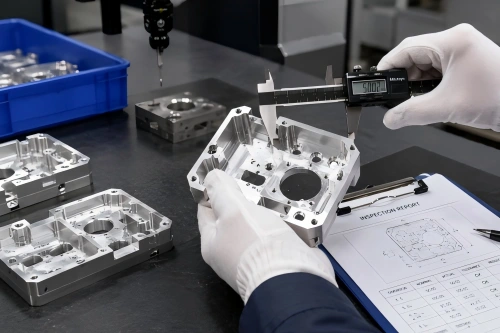 Inspection of CNC milled aluminum parts with caliper measurement, finished surfaces, and quality control documentation.