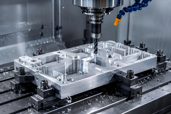 CNC milling of an aluminum housing with pockets, holes, and fixture clamping for custom milled parts.