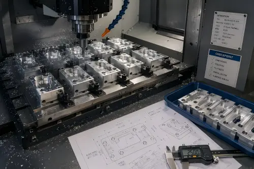 CNC milling for low-volume parts with multiple aluminum components held in fixtures, repeatable machining setup, finished batch parts, drawings, and inspection planning.