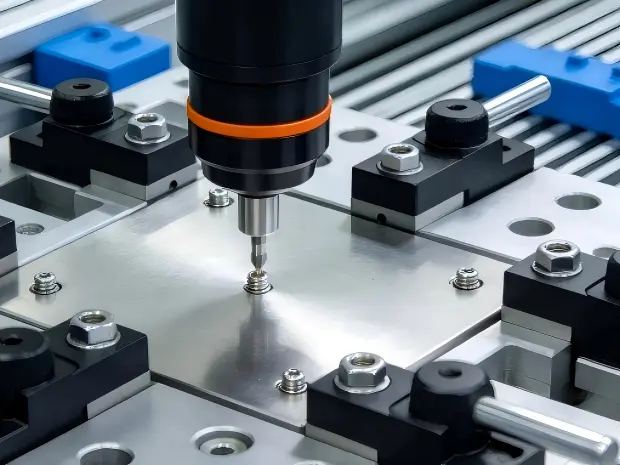 CNC milling of a custom metal plate with fixtures, holes, and precision-machined features.