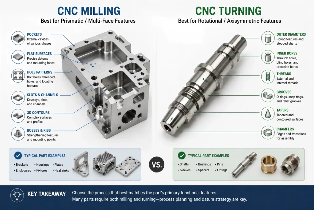 Comparison of CNC milling and CNC turning features, including pockets, 平坦的表面, 轴, bores, 线程, 凹槽, and typical machined parts.