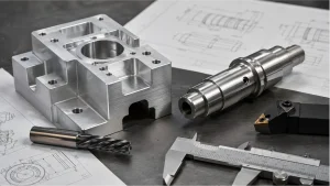 CNC milled and turned metal parts with cutting tools and engineering drawings for process-selection review.